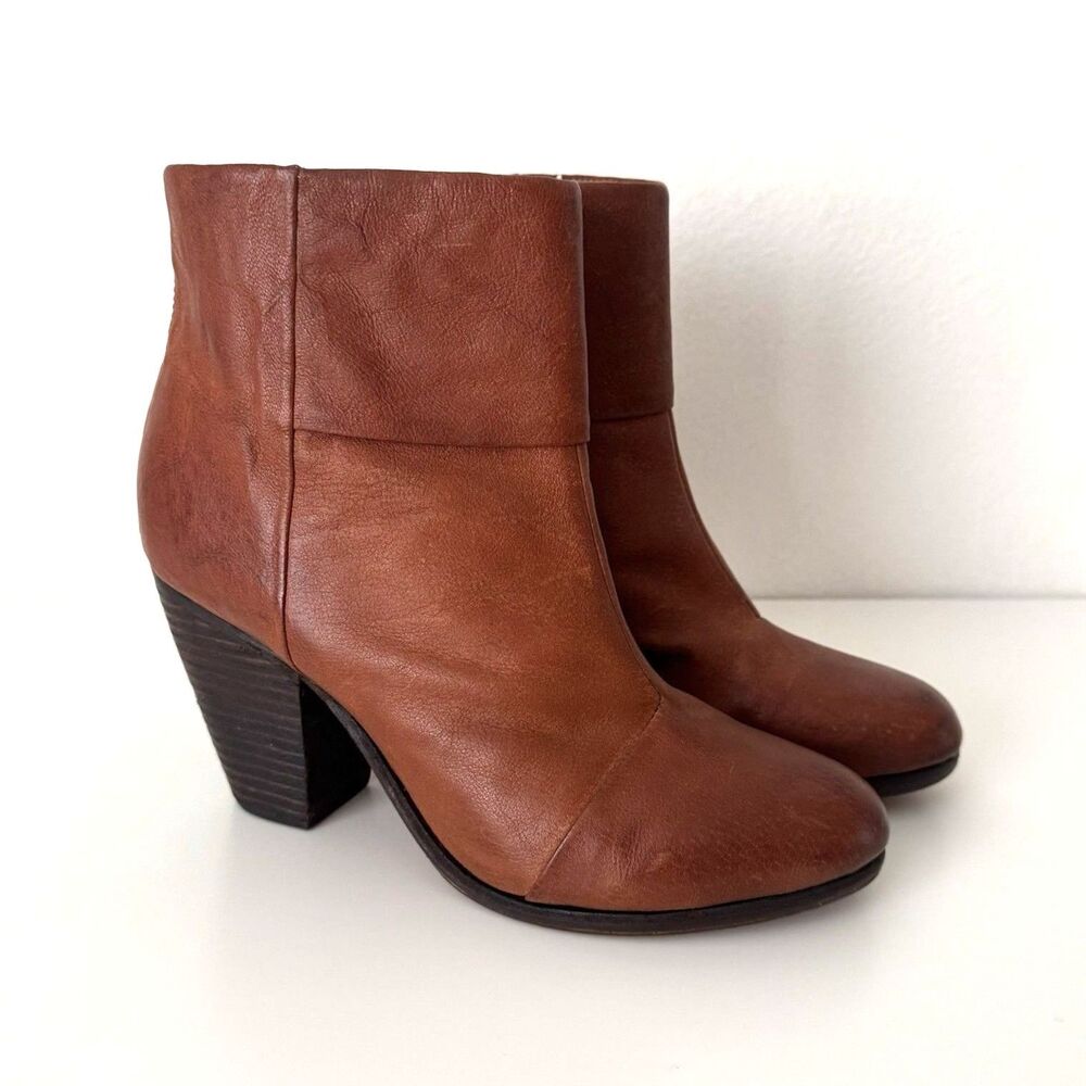 rag & bone Brown Leather Ankle Boots Round Toe Zip Block Heel Women US 11